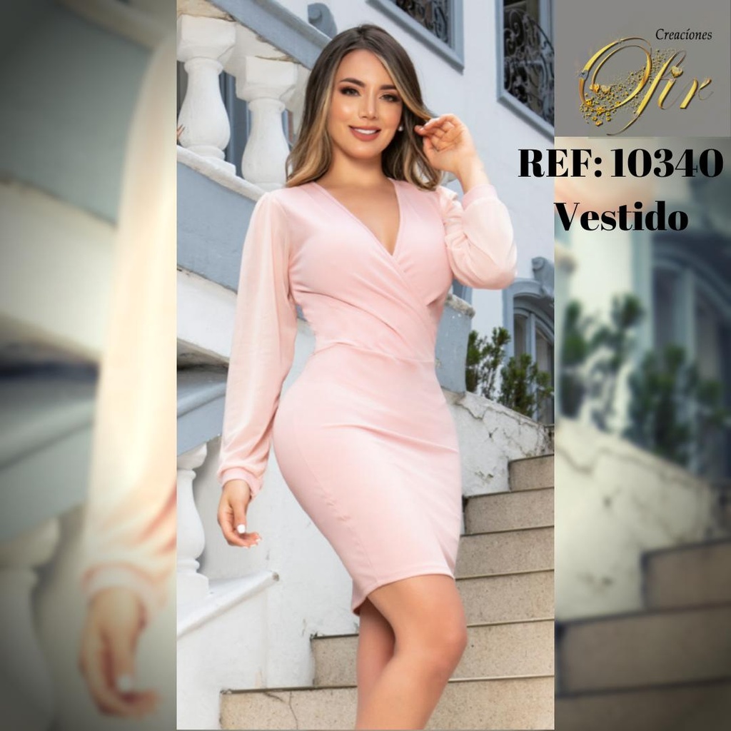 Vestido De Fiesta con manga larga color rosado / Marca OFIR 